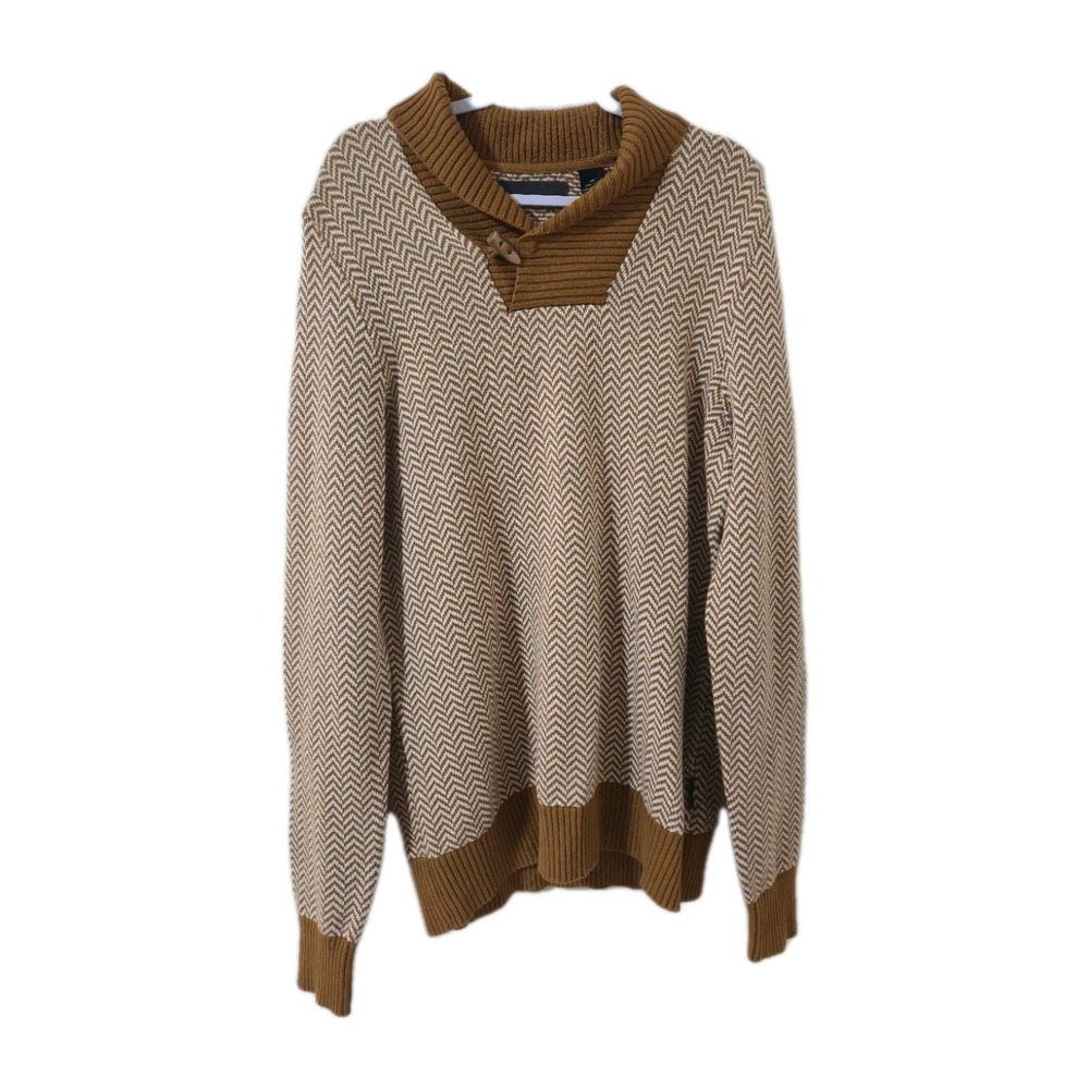Sean John Men's Cotton Henley Sweter Brown Zig Zag‎ Pattern Size XL